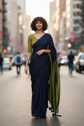 Blue & green fancy cotton handloom saree with blouse piece for women