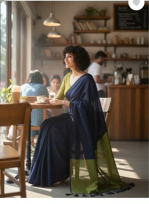Blue & green fancy cotton handloom saree with blouse piece for women 3