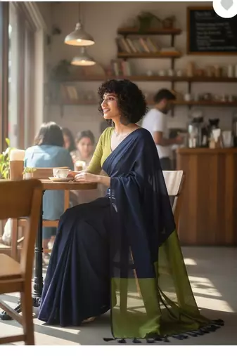Blue & green fancy cotton handloom saree with blouse piece for women