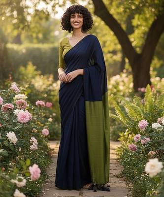 Blue & green fancy cotton handloom saree with blouse piece for women 4
