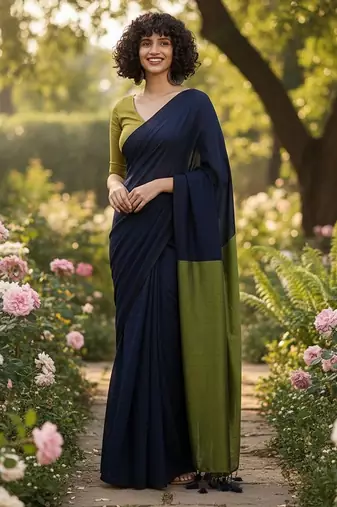 Blue & green fancy cotton handloom saree with blouse piece for women