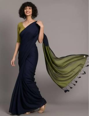 Blue & green fancy cotton handloom saree with blouse piece for women 5
