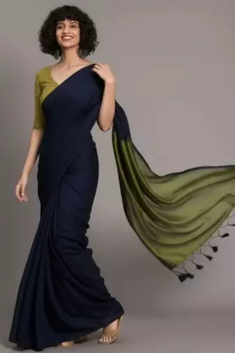 Blue & green fancy cotton handloom saree with blouse piece for women