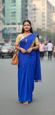 Blue fancy cotton handloom saree with blouse piece for women 1