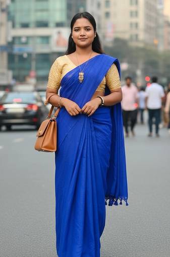 Blue fancy cotton handloom saree with blouse piece for women