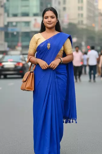 Blue fancy cotton handloom saree with blouse piece for women