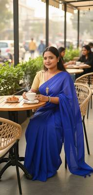 Blue fancy cotton handloom saree with blouse piece for women 2