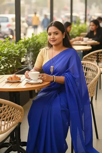 Blue fancy cotton handloom saree with blouse piece for women