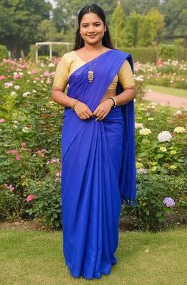 Blue fancy cotton handloom saree with blouse piece for women 3