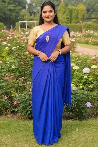 Blue fancy cotton handloom saree with blouse piece for women