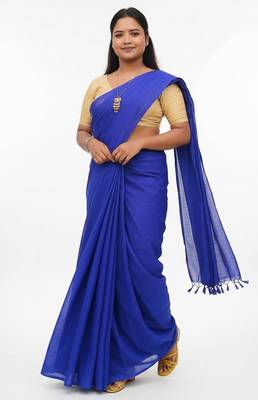 Blue fancy cotton handloom saree with blouse piece for women 4
