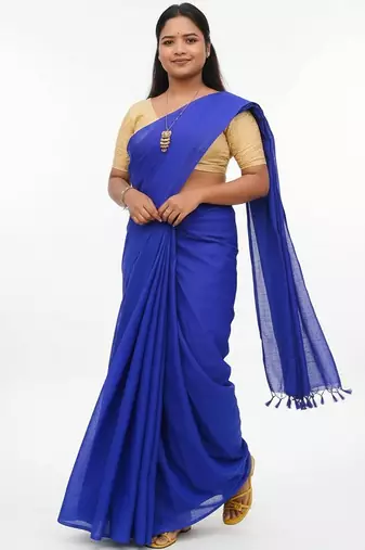 Blue fancy cotton handloom saree with blouse piece for women