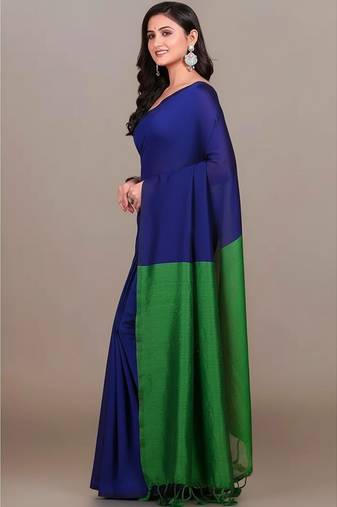 Blue fancy cotton handloom saree with blouse piece for women