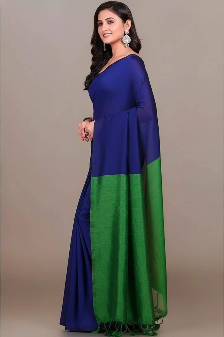 Blue fancy cotton handloom saree with blouse piece for women