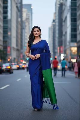 Blue fancy cotton handloom saree with blouse piece for women 2