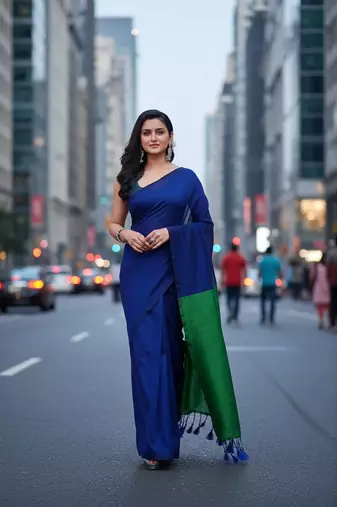 Blue fancy cotton handloom saree with blouse piece for women