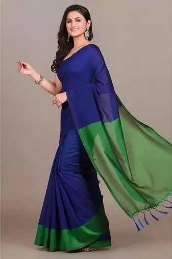Blue fancy cotton handloom saree with blouse piece for women
