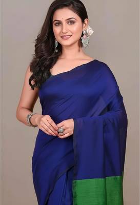 Blue fancy cotton handloom saree with blouse piece for women 5