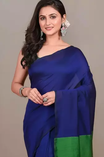 Blue fancy cotton handloom saree with blouse piece for women