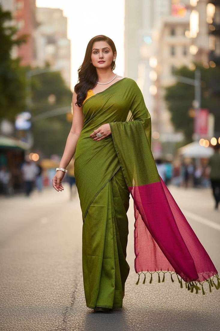 Bottle & rani fancy cotton handloom saree with blouse piece for women