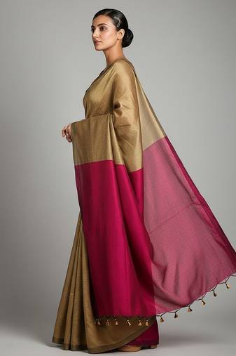 Cream & rani fancy cotton handloom saree with blouse piece for women