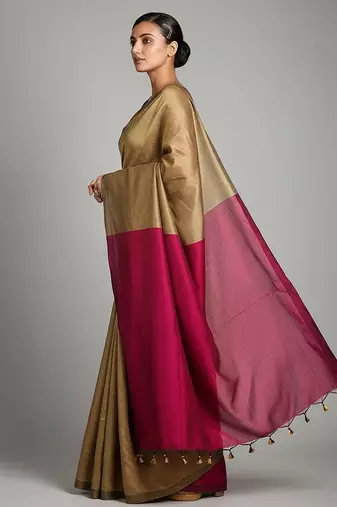 Cream & rani fancy cotton handloom saree with blouse piece for women