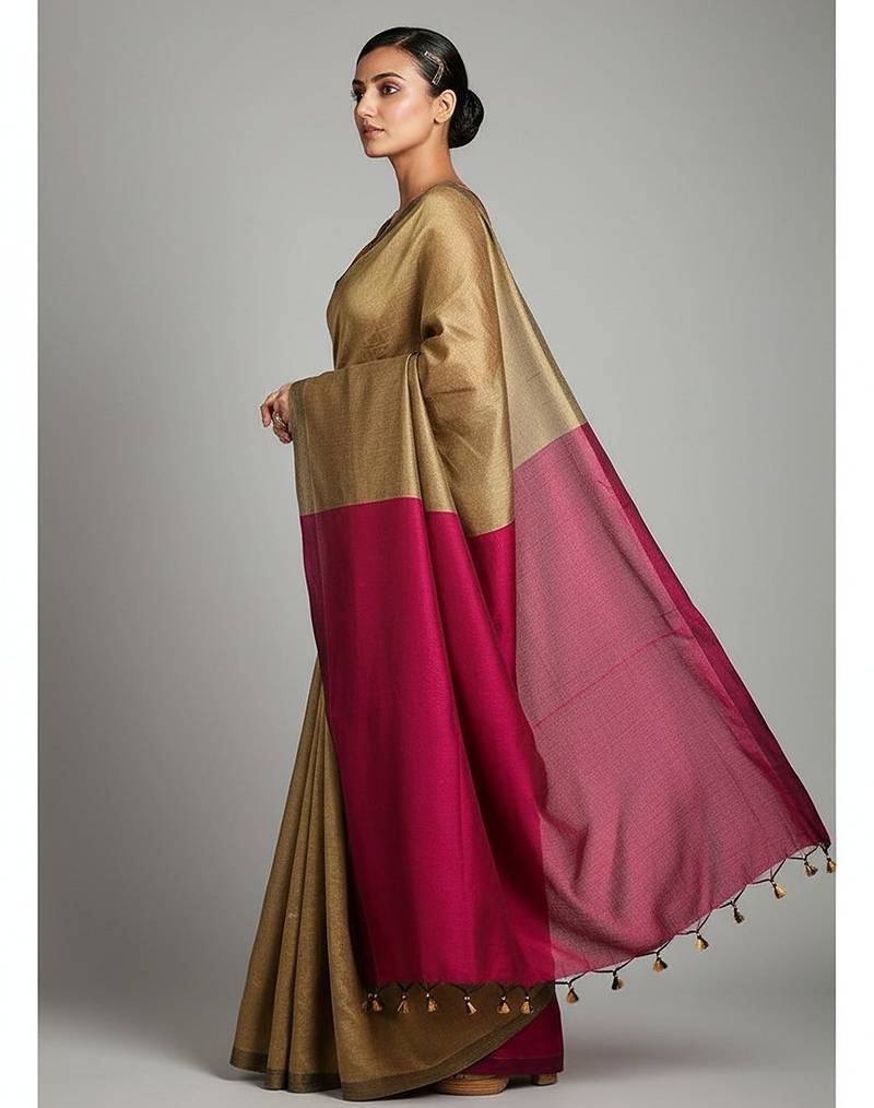 Cream & rani fancy cotton handloom saree with blouse piece for women