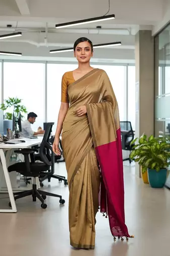 Cream & rani fancy cotton handloom saree with blouse piece for women