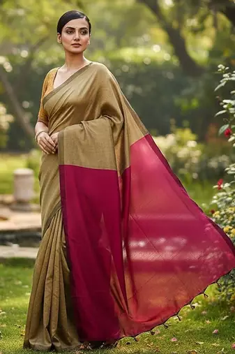 Cream & rani fancy cotton handloom saree with blouse piece for women