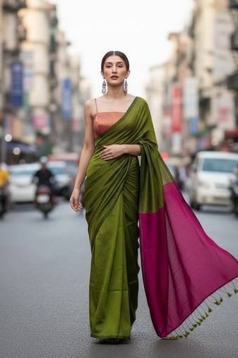 Dark green & rani fancy cotton handloom saree with blouse piece for women