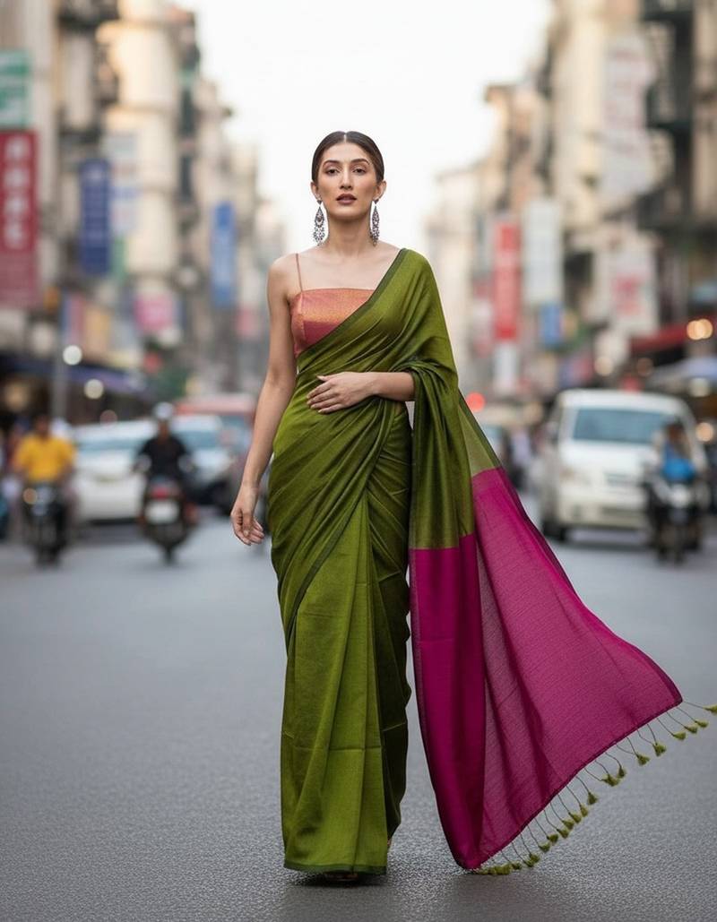 Dark green & rani fancy cotton handloom saree with blouse piece for women