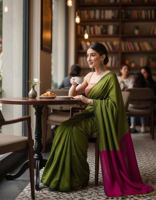 Dark green & rani fancy cotton handloom saree with blouse piece for women 3