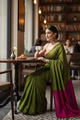 Dark green & rani fancy cotton handloom saree with blouse piece for women