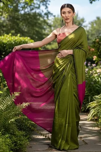 Dark green & rani fancy cotton handloom saree with blouse piece for women