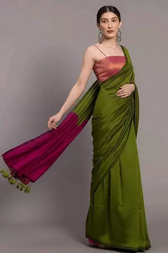 Dark green & rani fancy cotton handloom saree with blouse piece for women