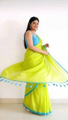 Green & tute fancy cotton handloom saree with blouse piece for women 2