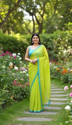 Green & tute fancy cotton handloom saree with blouse piece for women 4
