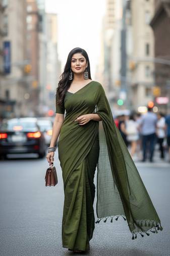 Green fancy cotton handloom saree with blouse piece for women