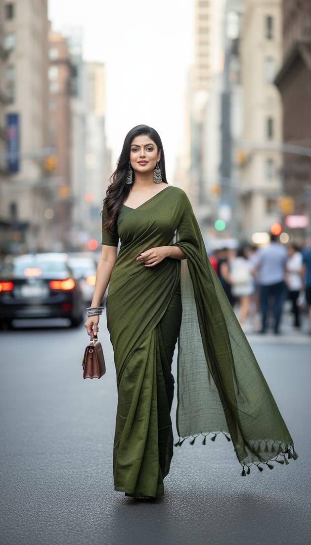 Green fancy cotton handloom saree with blouse piece for women