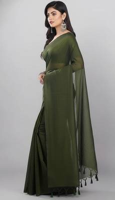 Green fancy cotton handloom saree with blouse piece for women 2