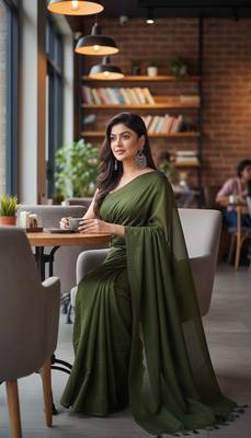Green fancy cotton handloom saree with blouse piece for women 3