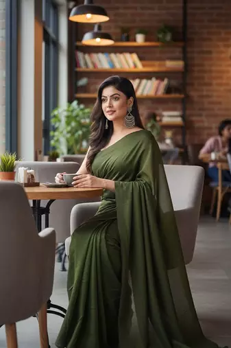 Green fancy cotton handloom saree with blouse piece for women