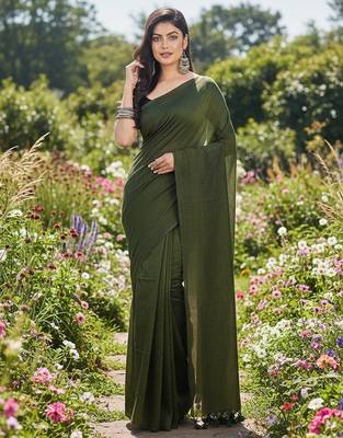 Green fancy cotton handloom saree with blouse piece for women 4