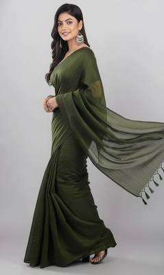 Green fancy cotton handloom saree with blouse piece for women 5