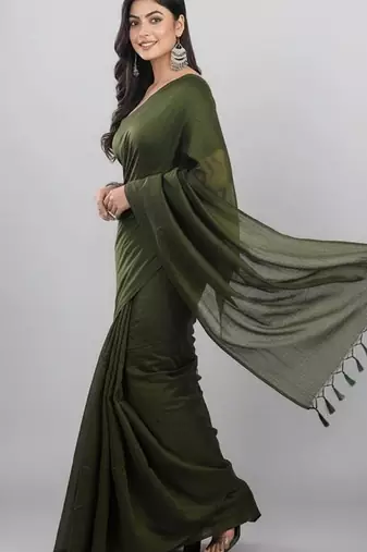 Green fancy cotton handloom saree with blouse piece for women