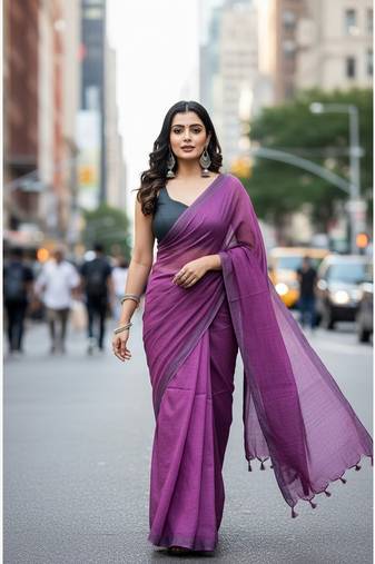 Magenta fancy cotton handloom saree with blouse piece for women