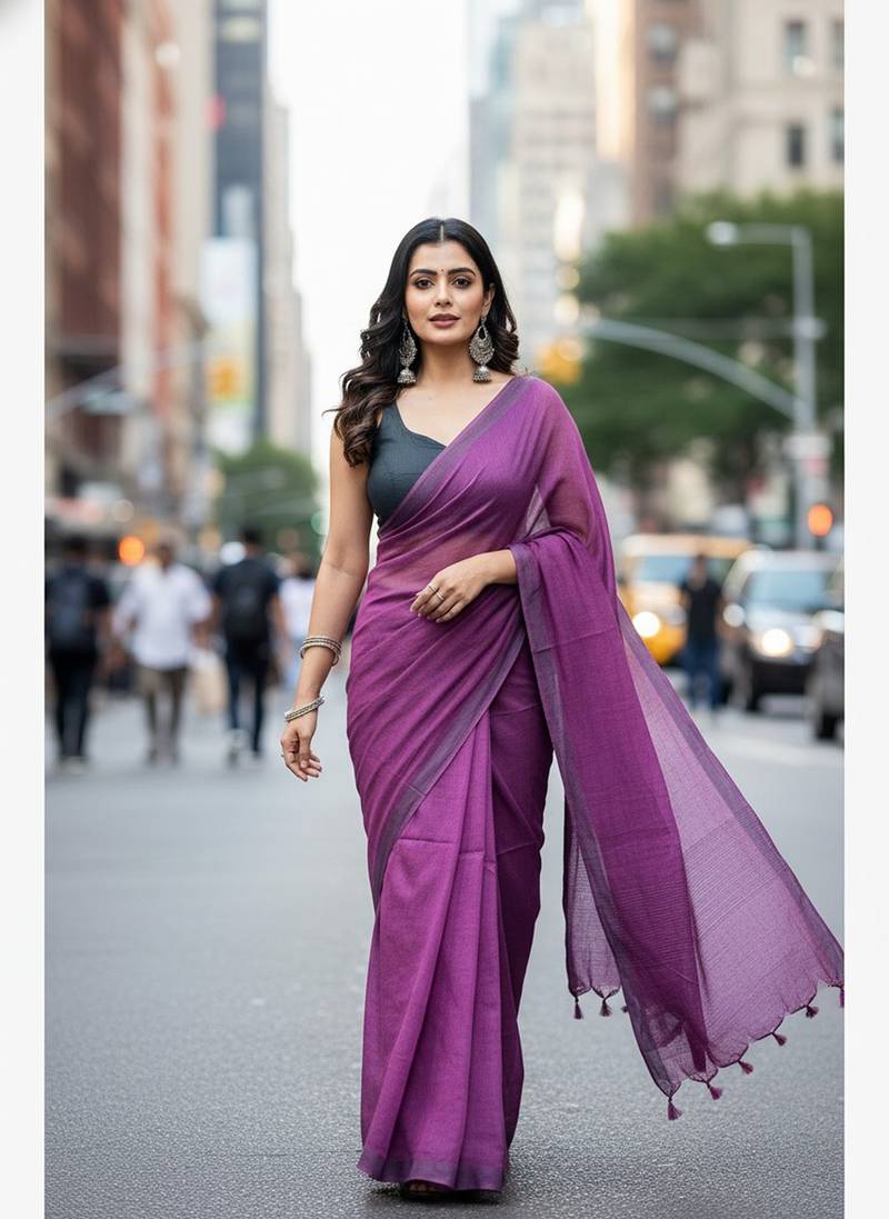 Magenta fancy cotton handloom saree with blouse piece for women