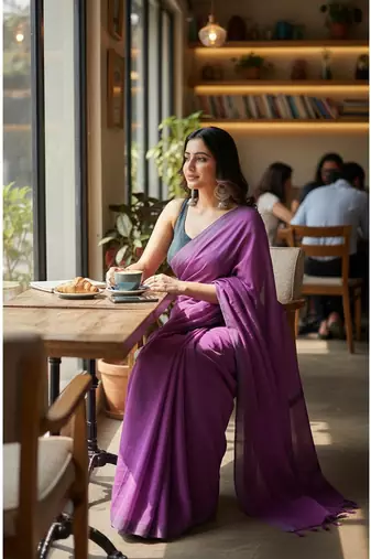 Magenta fancy cotton handloom saree with blouse piece for women