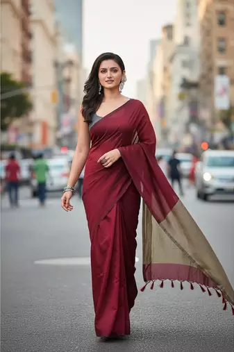 Maroon & golden fancy cotton handloom saree with blouse piece for women