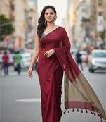 Maroon & golden fancy cotton handloom saree with blouse piece for women